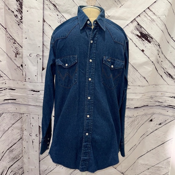 Wrangler Shirt Mens Dark Blue Denim Chambray Long Sleeve Western Snap Up - Picture 1 of 8